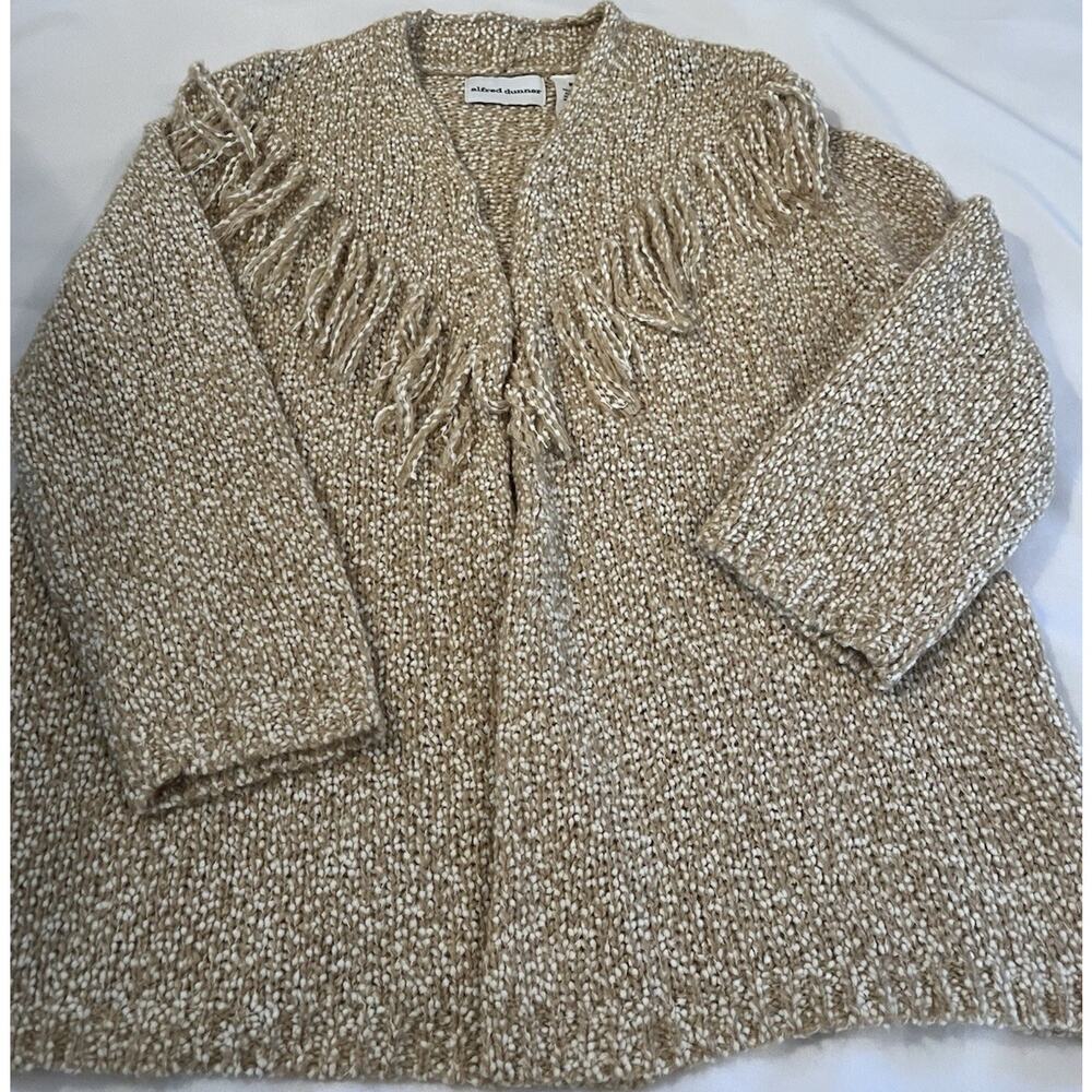 Alfred Dunner Beige White Chunky-Knit Fringe Cardigan Sweater Women M